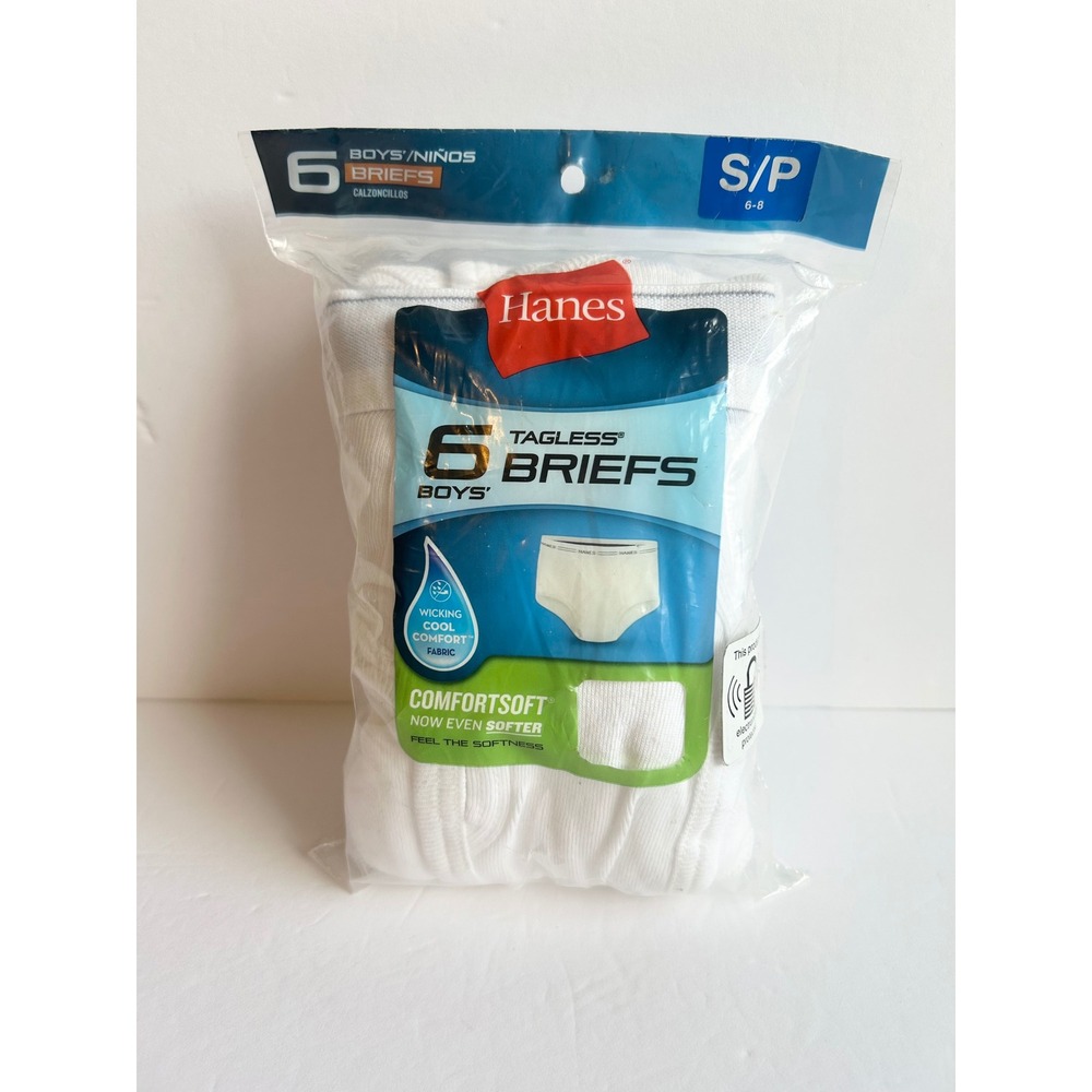 Hanes Boys 6 Pack Tagless Briefs White ComfortSoft Cool Comfort Size S 6-8